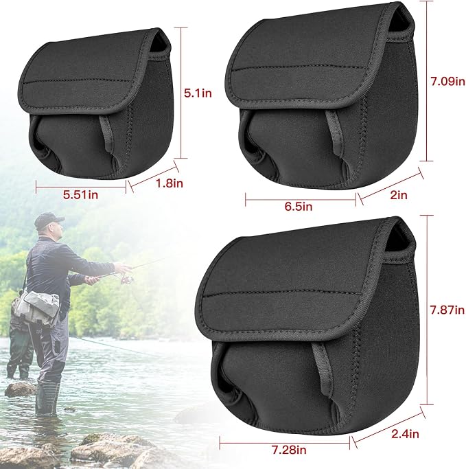 3-Size Fishing Reel Cover Pouch + 3 Black Fishing Rod Straps, Protective Reel Case for Baitcasting and Spinning Reels, Adjustable Fishing Rod Strap for Fishing Gear Storage