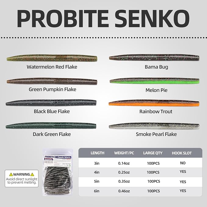Soft Fishing Worm 100PCS, 3/4/5/6" Mega Value Pack Senko Style Soft Lures for Bass, Plastic Worm Stick Baits, Multicolor, Cost-Effective Fishing Gift
