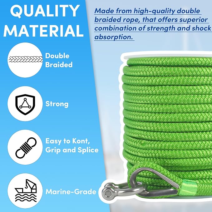 Boat Anchor Rope 100 ft x 3/8 inch Grass Green, Double Braided Anchor Line with Stainless Steel Thimble & Shackle, Marine Rope Ideal for Towing,Mooring,Decks,Anchoring,for Boats Up to 27'