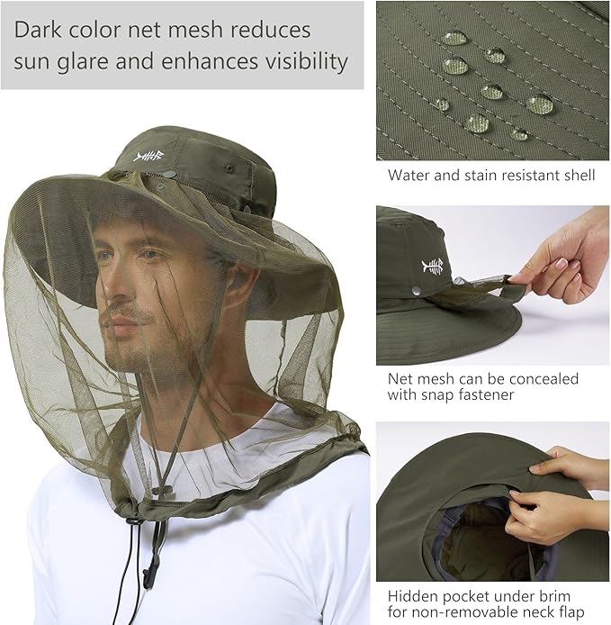 BASSDASH UPF 50+ Mosquito Sun Hat with Hidden Head Net and Neck Flap for Men Women Outdoor Fishing Hiking Camping