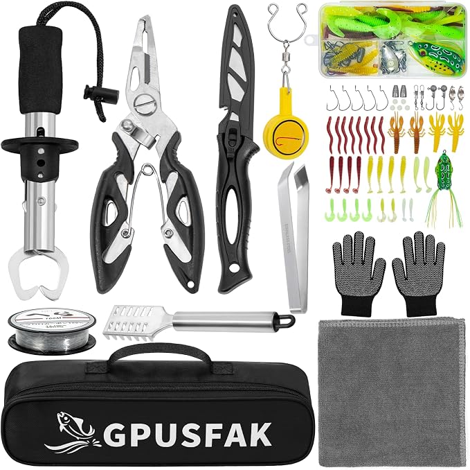 Fishing Pliers Kit with Line Cutter & Lip Gripper - Saltwater & Freshwater Fishing Tools for Anglers - Steel Fishing Gear with Lanyard - Portable Fishing Accessories Kit