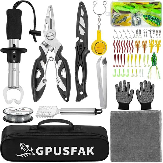 Fishing Pliers Kit with Line Cutter & Lip Gripper - Saltwater & Freshwater Fishing Tools for Anglers - Steel Fishing Gear with Lanyard - Portable Fishing Accessories Kit