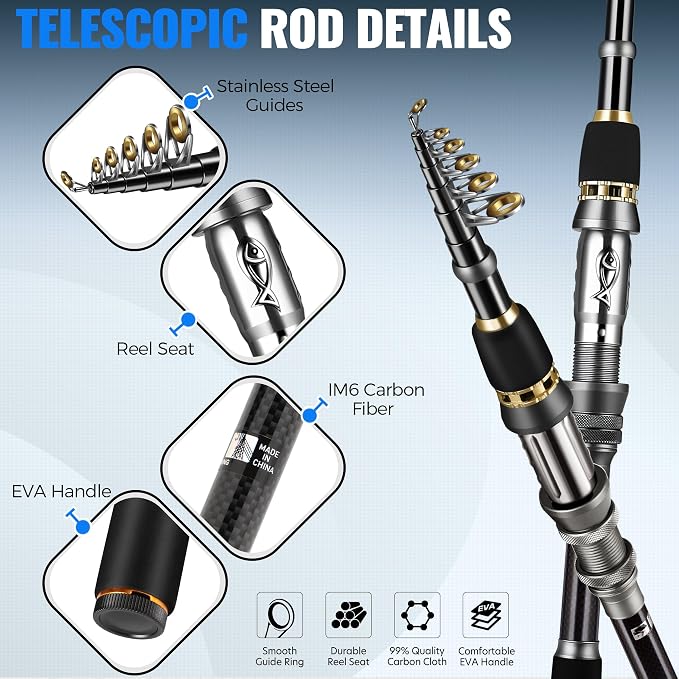 PLUSINNO Fishing Gear - Telescopic Fishing Rod and Reel Combo with Tackle Box, Collapsible Rod and Lures Box, Travel Fish Pole Starter Kit, Fishing Accessories Tackle Lure Kit Gifts for Men Bass Trout