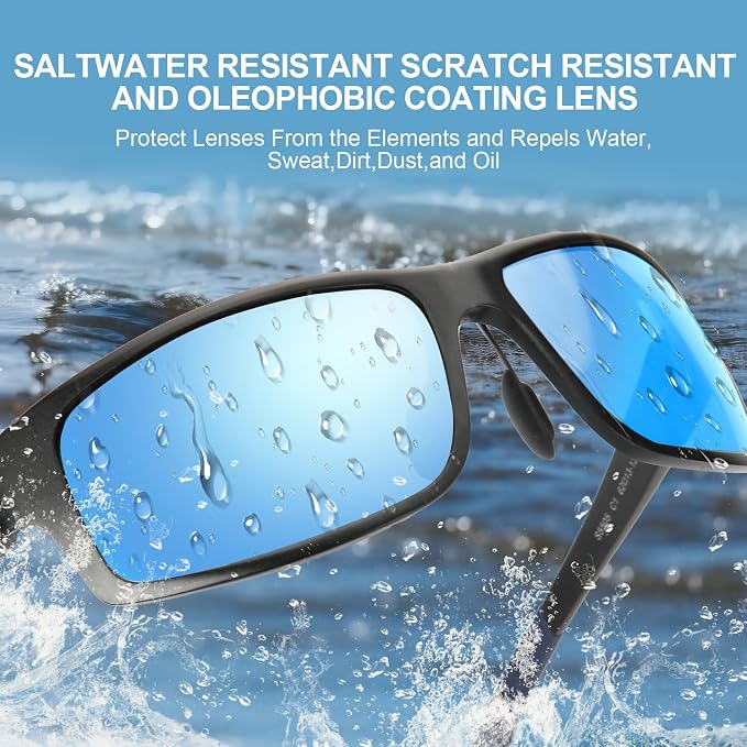 Unbreakable Polarized Sports Sunglasses for Men, Scratch/Seawater-Proof/Oleophobic Coating Lens, Aluminum Frame Sun Glasses