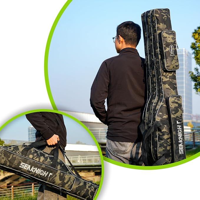 Seaknight Portable Fishing Rod Case - 2 Sizes (53.15in/59.0in) Oxford Fabric Tackle Storage Bag for Travel, Durable Rod Carrier for Freshwater & Saltwater Anglers (Black Camou, 135cm/ 53.15in)