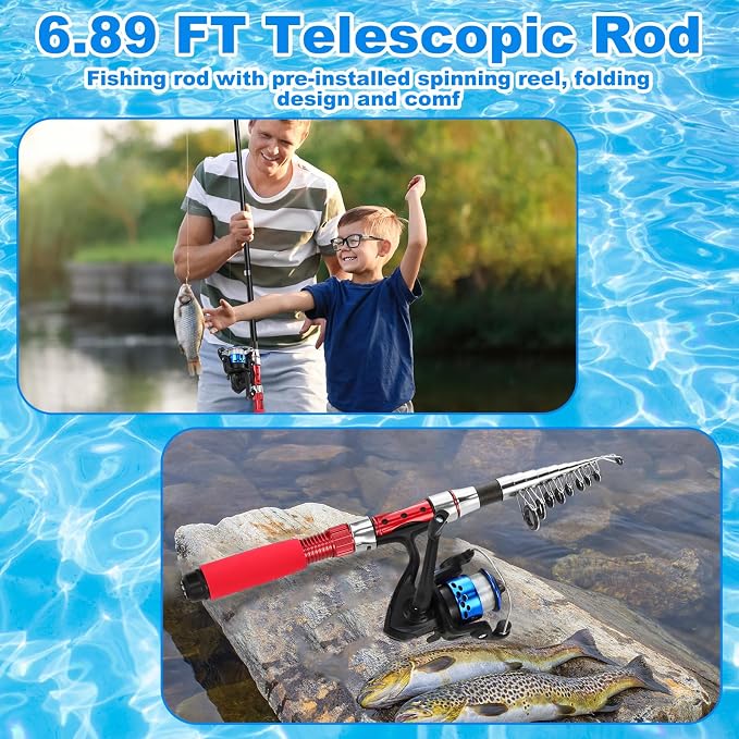 51 Pcs Father's Day Fishing Rods Combo 6.89ft Telescopic Freshwater Pole Set with Plier Lip Gripper Lures Carrier Bag Pre Loaded Spinning Reel with Freshwater Rod Reel Kit Men Gift