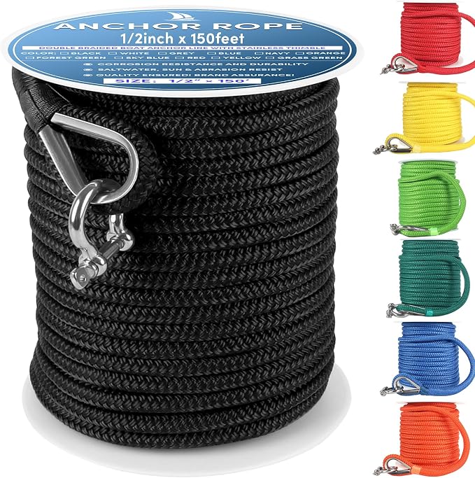 Boat Anchor Rope 150 ft x 1/2 inch Black, Double Braided Anchor Line with Stainless Steel Thimble & Shackle, Marine Rope Ideal for Towing,Mooring,Decks,Anchoring,for Boats Up to 35'