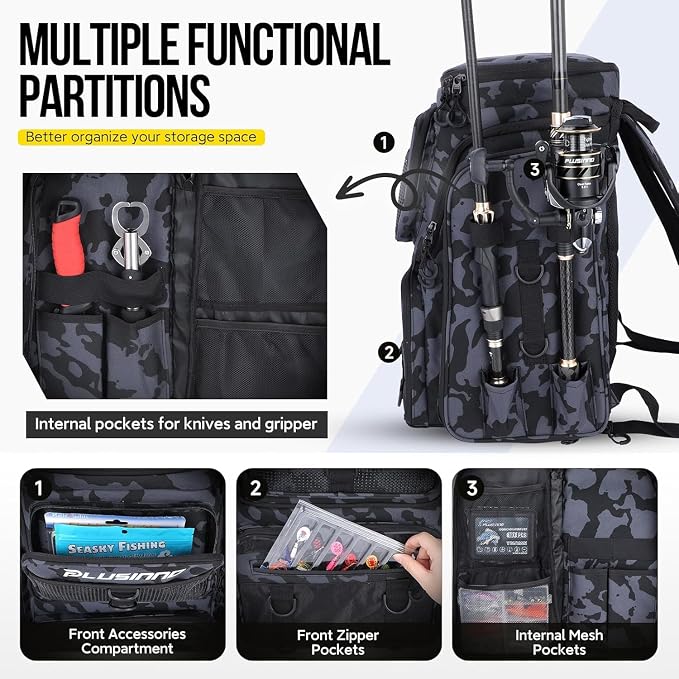 PLUSINNO Fishing Backpack with Fishing Rod Gear Holders Tackle Box, 42L Large Water-resistant Tackle Backpack Store Tools, Gear