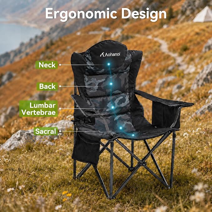 Aohanoi Camping Chairs for Heavy People,Folding Lawn Chairs for Outside Heavy Duty,Outdoor Oversized Chairs for Adult with Cup Holder and Large Cooler Bag,Beach Camp Chairs Supports up to 500lbs