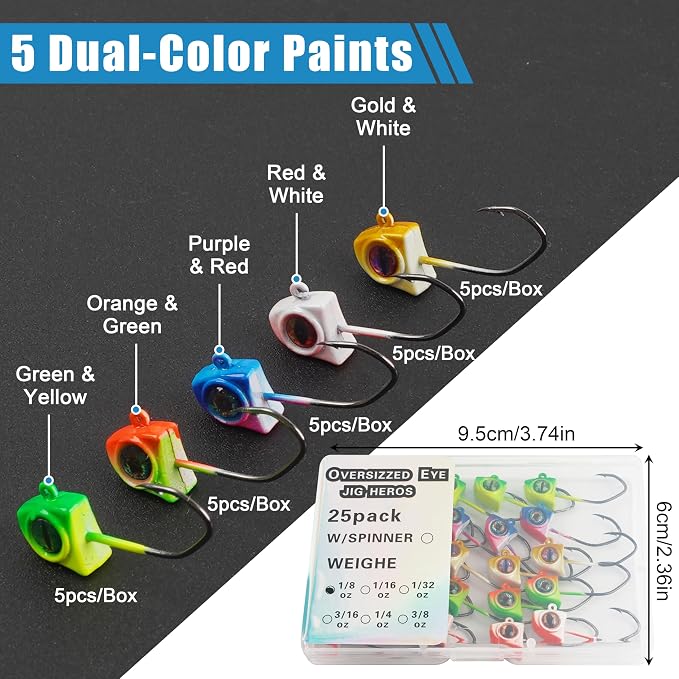 Crappie Jig Heads 25pcs Fishing Jig Head Hooks with 3D Eye Swimbait Jig Heads Soft Lures Fishing Hooks for Walleye Bass Bluegill Crappie 1/32oz 1/16oz 1/8oz