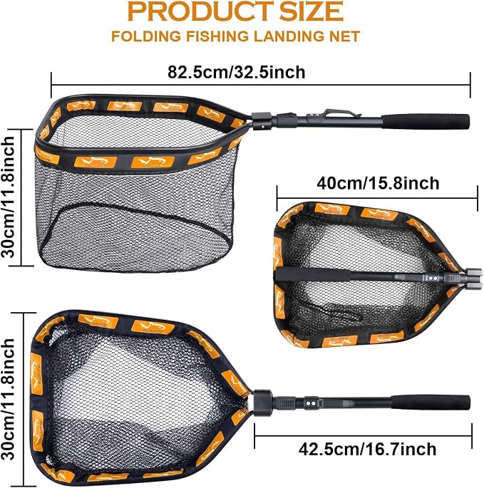 PLUSINNO Floating Fishing Net for Steelhead, Salmon, Fly, Kayak, Catfish, Bass, Trout Fishing, Rubber Coated Foldable Landing Net with Fixed or Telescoping Pole Handle, Fishing Gear and Gifts for Men