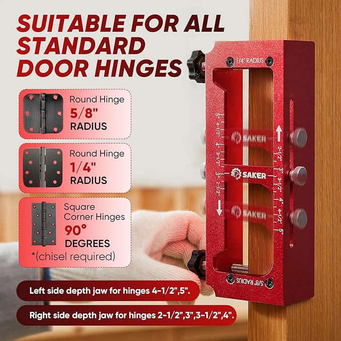 Saker Door Hinge Jig and Deep Hole Pencil Set,Aluminum Alloy Doors Hinges Router Jig,Adjustable Doors Jamb Hinge Jigs,Fits Door Hinges from 2.5" to 5" Length and Thicknesses,Radius 1/4” or Radius 5/8”