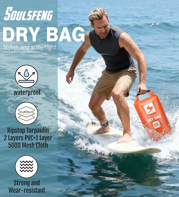Soulsfeng Waterproof Dry Bag Backpack, Roll Top Floating Dry Storage Bag with Phone Case, Lightweight Dry Sack for Kayaking, Boating, Beach, Travel, Camping 20L, Orange