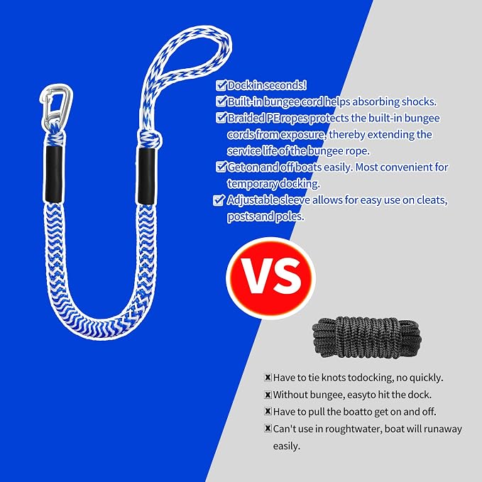 Boat Bungee Dock Lines – Adjustable Boat Tie Downs for Pontoon, Jet Ski, PWC, Kayak | Single Hook Small Cruiser Mooring Lines | (2, Blue & White, 4 Feet)