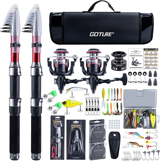 Goture Fishing Rod and Reel Combos-2PCS Telescopic Fishing Pole+2PCS Spinning Reels with Carrier Bag,1.8M-2.7M Telescopic Rod Reel Kit for Starter Travel Saltwater Freshwater,Gifts for Men