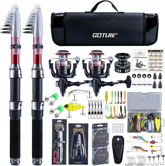 Goture Fishing Rod and Reel Combos-2PCS Telescopic Fishing Pole+2PCS Spinning Reels with Carrier Bag,1.8M-2.7M Telescopic Rod Reel Kit for Starter Travel Saltwater Freshwater,Gifts for Men