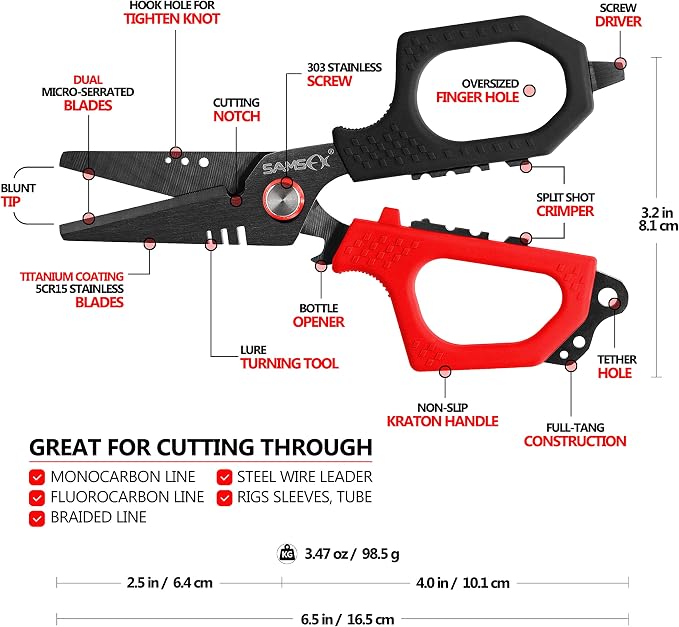 SAMSFX 6.5" Pro Fishing Shears Dual Serrated Blades, Fishing Braided Line Scissors with Titanium Coating, Non-Slip Grip & Multifunction Tool, Includes Hard Molded Locking Sheath & Coiled Lanyard