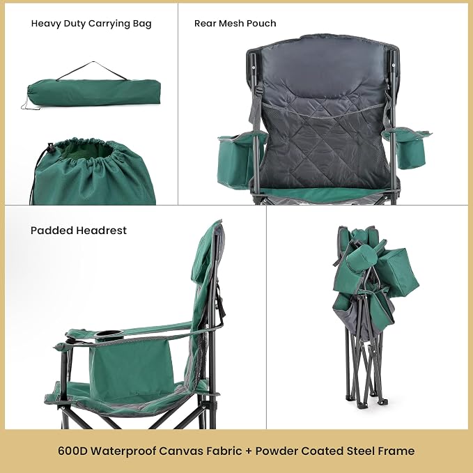 ARROWHEAD OUTDOOR Portable Deluxe Folding Camp Quad Chair w/Headrest, Glass & Cup Holders, Armest 6-can Cooler, Heavy Duty Carry Bag, 550 lbs Weight Capacity