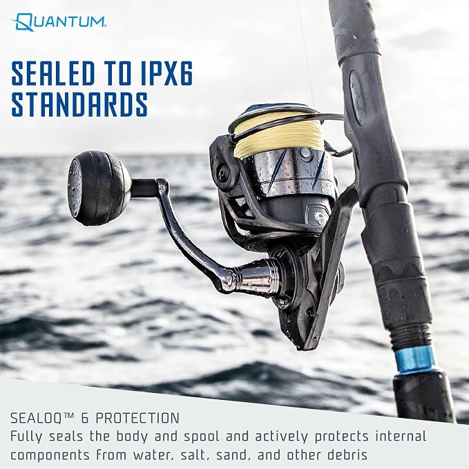 Quantum Benchmark Spinning Fishing Reel, 5+1 Bearings, Aluminum Frame, SEALOQ 6 Protection, GEARTEQ Machined Gears, CFX200 Carbon Fiber Drag, Silver/Blue