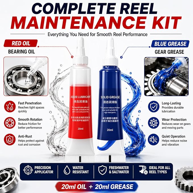 XIRUJNFD Fishing Reel Oil and Grease Kit, Bearing Lubricant and Gear Grease for Fishing Reels, Anti-Rust Reel Maintenance for Spinning, Baitcaster and Conventional Reels