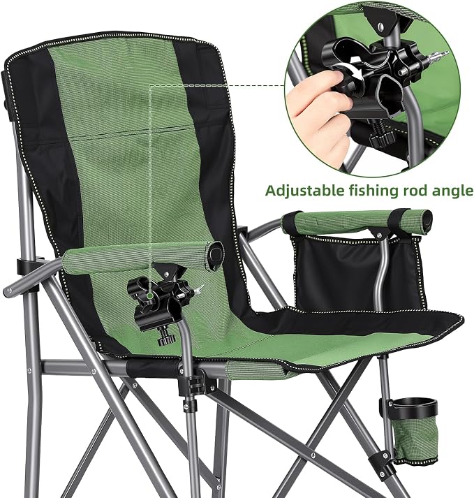 New Folding Fishing Chair with Rod Holder, 150Kg Heavy Duty All Terrain Chair with Side Pocket, Cup Holder, Portable Adults Armchair for Outdoor, Camping, Garden, Beach, Lawn, Picnic Black Green