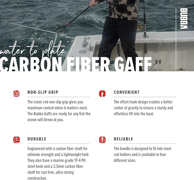 BUBBA 7 Foot Gaff with 4 Inch Stainless Steel Offset Hook, Non-Slip Grip Handles and Carbon Fiber Shaft for Fishing, Boating and Outdoors