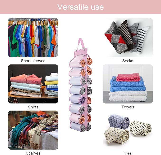 Legging Organizer Storage, T Shirt Organizer, Foldable Hanging Closet Organizer Storage with 16 Roll Independent Compartments for Yoga Pants, Tank Top, Towel, Underwear (Pink)