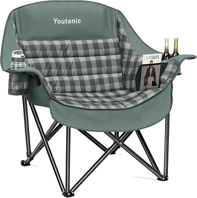 Youtanic Oversized Extra Large Padded Camping Chair, Heavy Duty 400 lbs Foldable Lawn Chair, Ergonomic Outdoor Seat with Plaid Design, Cup Holders & Storage Pockets for Fishing, Sports, Gray
