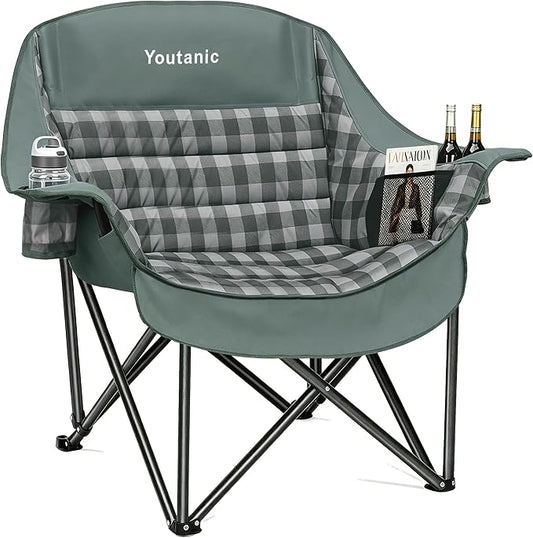 Youtanic Oversized Extra Large Padded Camping Chair, Heavy Duty 400 lbs Foldable Lawn Chair, Ergonomic Outdoor Seat with Plaid Design, Cup Holders & Storage Pockets for Fishing, Sports, Gray