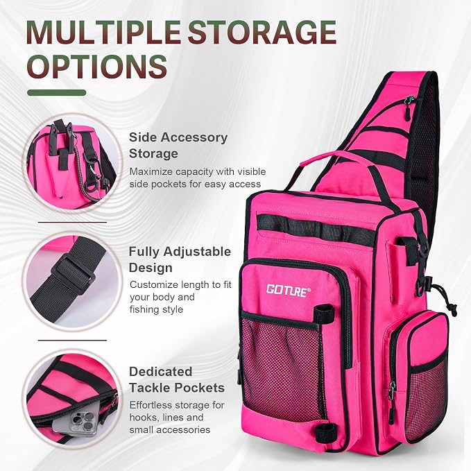 Goture OpenSide Tactical Sling Tackle Bag with 3 Tackle Trays,Lures & Fishing Tools, Lightweight Fishing Backpack Storage for Fishing Gear-Pink Bag, Gift for Women