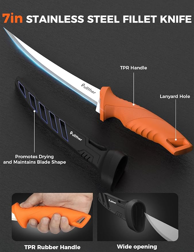 5PC Fishing Tool Kit - Fillet Knife, 2PC Fishing Pliers,Fishing Braid Scissors and Fish Lip Gripper, Fishing Gear for Fly Fishing, Ice Fishing