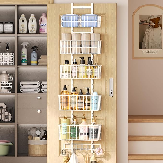 Adjustable Over The Door Organizer, Metal Hanging Door Organizer with 5 Wire Basket 7 Hooks, Wall Mounted Shelf for Pantry Closet Organization and Storage, White