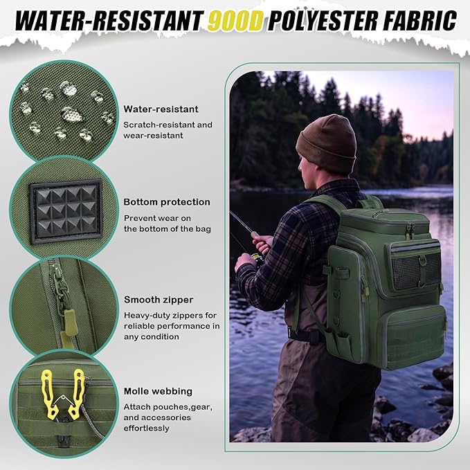 HAMBOLY Fishing Backpack 45L with Rod Holders, Water-Resistant Tackle Backpack for Fishermen, Large Capacity Fishing Gear Bag for Travel Hiking Camping