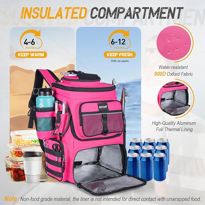Goture Fishing Backpack,900D Water-Resistant Tackle Bag with Rod Holders, Insulated Cooler Compartment,55L Large Capacity Fishing Gear Storage for Saltwater&Freshwater Camping Hiking,Gifts for Women