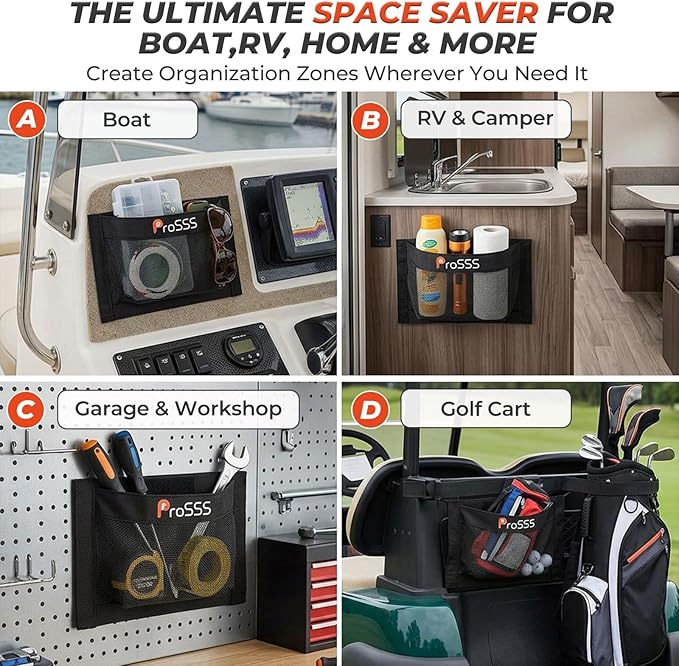 2PC Boat 10"*7" Self-Adhesive Storage Mesh Bag,Marine Organizer for Tools & Boat Accessories,Waterproof Strong Adhesive Backing, Easy to Install & Remove,Keep Your Boat Tidy and Items Secure