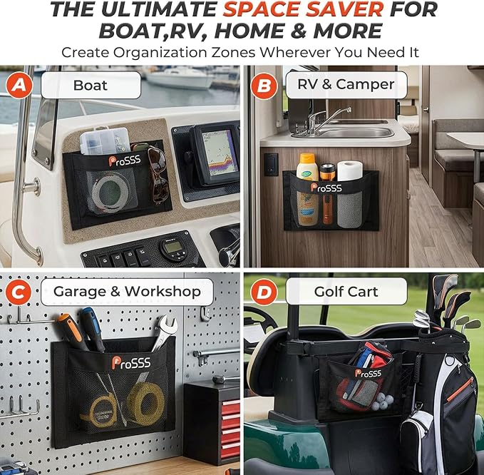4PC Boat 10"*7" Self-Adhesive Storage Mesh Bag,Marine Organizer for Tools & Boat Accessories,Waterproof Strong Adhesive Backing, Easy to Install & Remove,Keep Your Boat Tidy and Items Secure