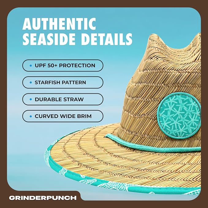 grinderPUNCH Lifeguard Hat Mens Straw Sun Hat for Outdoor American Flag USA Patriotic Straw Beach Fishing Straw Hat for Men