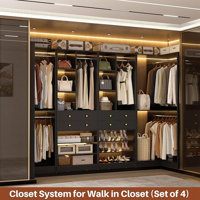 Closet System with 4 Drawers & Corner Tower, Closet Organizer System with 4 Hanging Robs, Reversible U Shaped Walk-in Closet System, Load 2600+LBS Capacity, Set of 4, Black