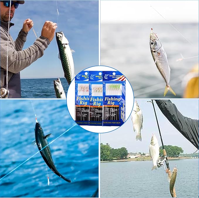 OROOTL Fishing Bait Rigs Saltwater, 6 Packs Surf Fishing Rigs with Sharp Hooks Fish Skin Feather Swivel Snap Glow Saltwater Lures Sea Bass Cod Herring Hook Rig Size 4 6 8