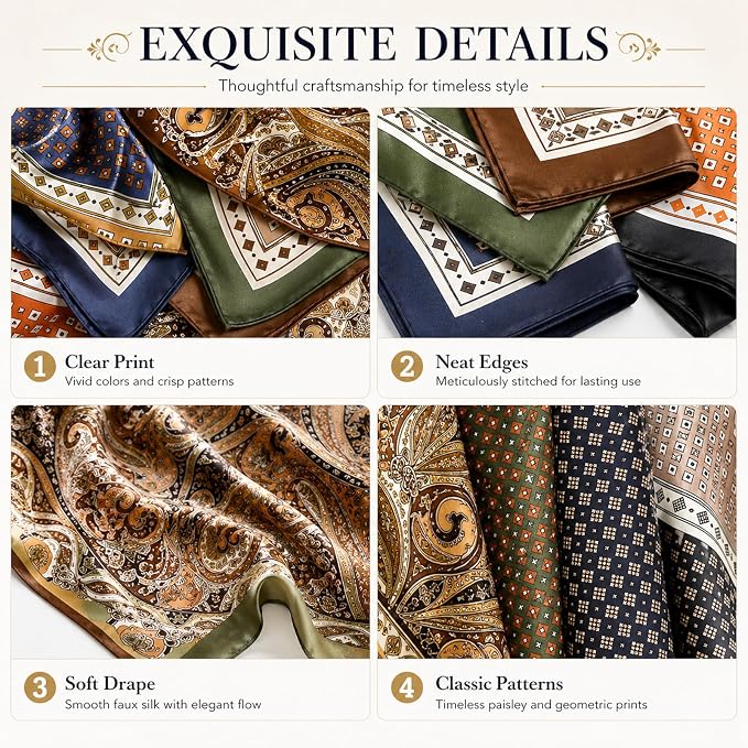 4PCS Neck Scarf Bandanas for Men and Women, Silk Feeling Head Scarfs, Fashion Neckerchief Square Purse Scarf