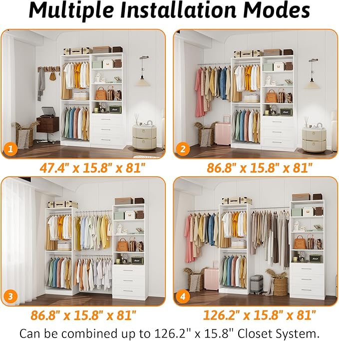 Closet System of 2 Sets with 3 Drawers & 4 Shelves & 4 Hanging Rods, 4FT-10FT Closet Organizer System, Walk in Closet, Modular Closet System White (4FT)