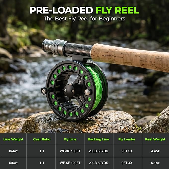 TOPFORT Fly Fishing Rod and Reel Combo, 4-Piece Fly Rod Kit with Complete Fly Fishing Gear: Fly Rod, Pre-Spooled Fly Fishing Reel, Fishing Flies, Leader, Forceps, Nipper and Carrying Case