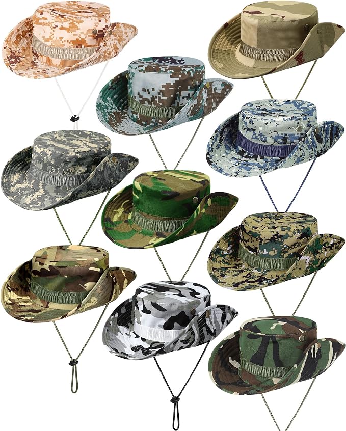10 Pcs Wide Brim Boonie Hat Bucket Hats Camo Solid UV Sun Protection Fishing Hat for Men Women Hiking Safari Hunting
