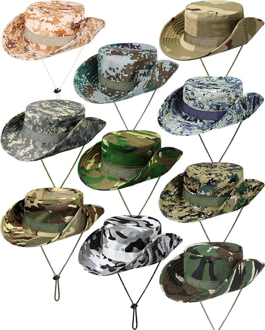 10 Pcs Wide Brim Boonie Hat Bucket Hats Camo Solid UV Sun Protection Fishing Hat for Men Women Hiking Safari Hunting