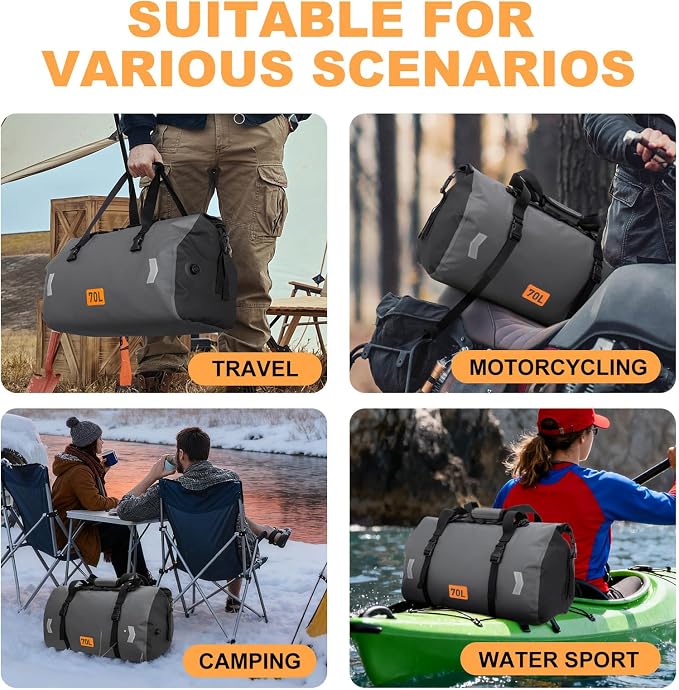 OCKLILY Waterproof Dry Bag, 70L Roll-top Motorcycle Tail Bag with Air Valve & Quick-fixed Straps, Travel Duffle Bags for Kayaking Paddle Boarding Rafting Boating Camping Riding Fishing - Grey