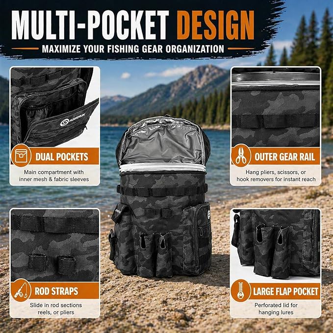 FUNHORUN Fishing Bucket Organizer with 5 Gallon Bucket & 360° Rotating Seat Lid, Fishing Tackle Bag with Backpack Straps, Full Water-Resistant Design & Multi-Pockets (Fishing Tools Not Included)