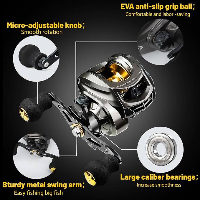 Baitcaster Reel, Fishing Reel, Magnet Braking System, 17.6 LB Max Drag, 7.2:1 and 6.3:1 Gear Ratio