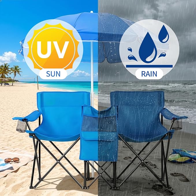 Heavy Duty Double Folding Camping Chair with Removable Adjustable Umbrella, 2 Person XL Beach Chair with Built-in Cooler Bag, Cup Holders & Side Pocket, Portable 529lbs Capacity, Blue