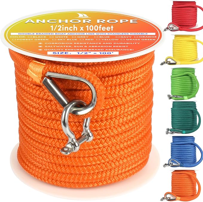Boat Anchor Rope 100 ft x 1/2 inch Orange, Double Braided Anchor Line with Stainless Steel Thimble & Shackle, Marine Rope Ideal for Towing,Mooring,Decks,Anchoring,for Boats Up to 35'