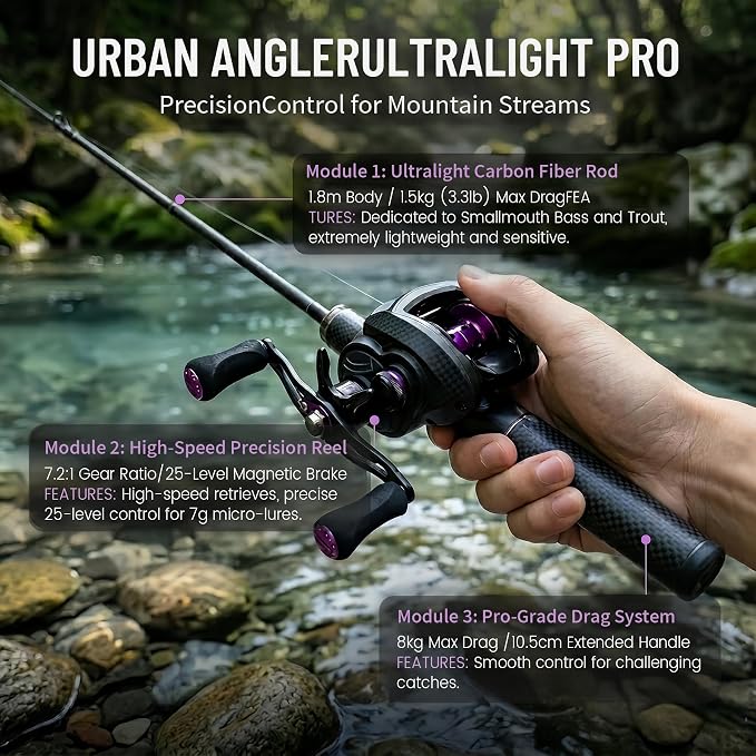 Left-Hand Baitcasting Rod and Reel Combo - Ultra-Light BFS Kit | Includes a 5'10" sensitive UL carbon rod, left-hand baitcaster, 7g jigs, deep-hook remover, and a jargon-free roadmap.